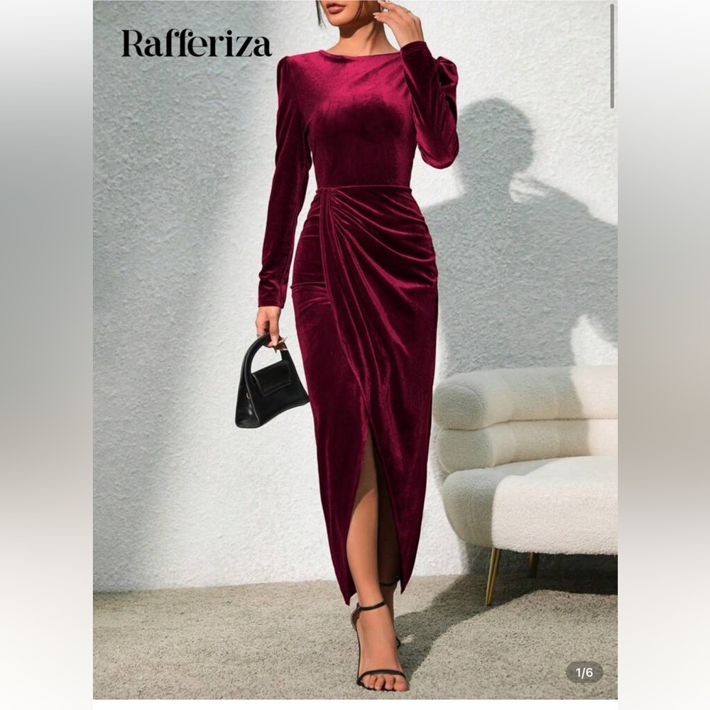 Red Maxi Dress with Ruched Slit, Pribé solid wrap hem